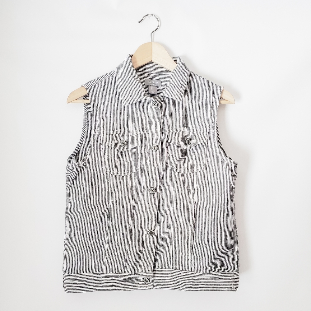 Kenar Linen Gray White Railroad Stripe Vest
